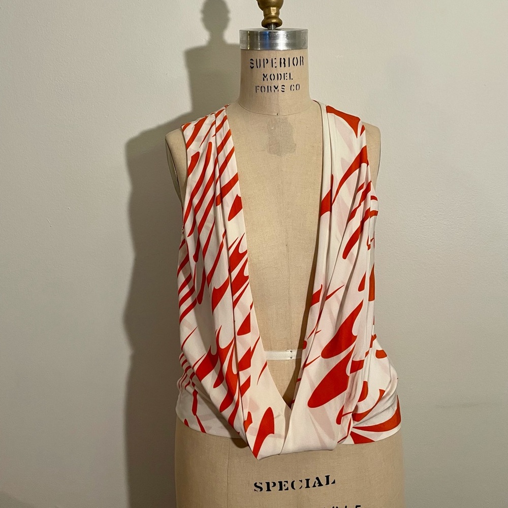 Diane von Furstenburg Silk Tank Top Deep V-Neck in Ivory and Orange, Size 2